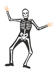 Cartoon illustration of man wearing skeleton costume for Halloween party.