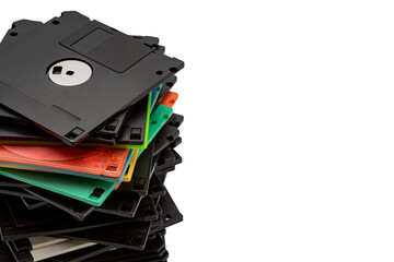 Stack of Floppy disk on white background, Retro digital storage technology.