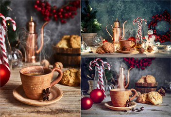 Collage mix set of Christmas treat with hot coffee cookies and candies. Festive card with snowman and new year decoration on wooden board in rustic style.