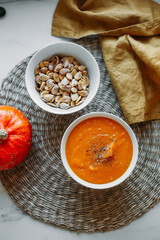 pumpkin soup for dinner in a rustic style