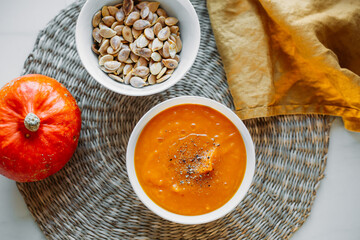 pumpkin soup for dinner in a rustic style