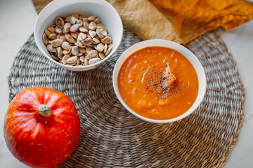 pumpkin soup for dinner in a rustic style