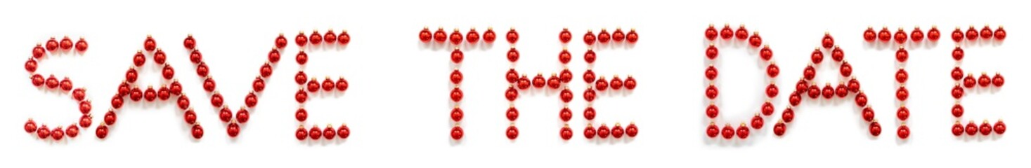 Red Christmas Ball Ornament Building English Word Save The Date. Festive Christmas Decoration. White Isolated Background