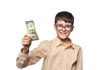 Happy teen boy showing his first dollar earned
