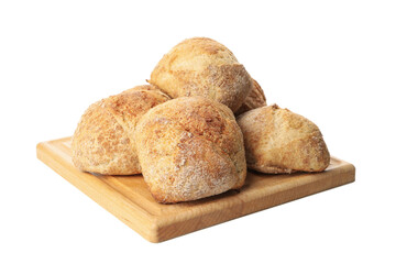 Board with fresh baked buns isolated on white background