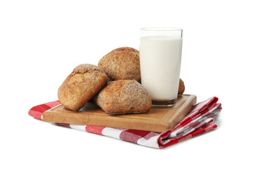 Napkin with towel with buns and glass of milk isolated on white background