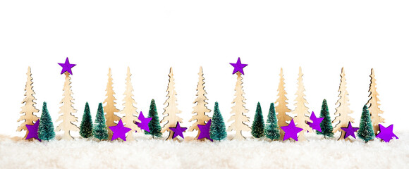 Banner With Many Christmas Tree. Purple Christmas Star Decoration And Ornament With Snow. White Isolated Background