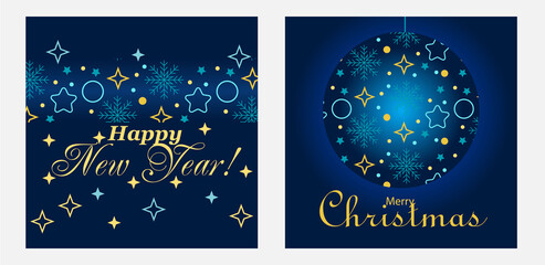 Fototapeta na wymiar Merry Christmas greeting cards. Trendy square Winter Holidays art templates. Snowflake vector background. Happy New Year template. Stars and snowflakes vector background