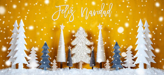 Banner Of Christmas Trees With Spanish Calligraphy Feliz Navidad Means Merry Christmas. Yellow Wooden Rustic Background With Snow And Snowflakes. Christmas Decoration With Stars.