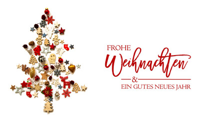 Christmas Tree Build Of Vairous Christmas Decoration And Ornaments. German Text Frohe Weihnachten...