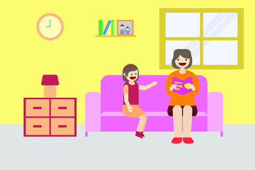 Mother's Day vector concept: Girl giving a mother's day greeting card for her mother at home