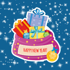 Open bag with gifts. Boxes with New Year's gifts in a bag with a frame for a signature.