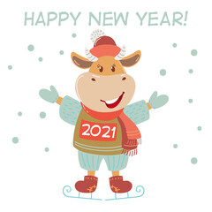 Cute cartoon cow. Vector illustration with bull, symbol of the Chinese new year 2021. Cow on ice