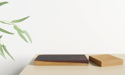 Wooden product display podium with nature leaves on white background. 3D rendering
