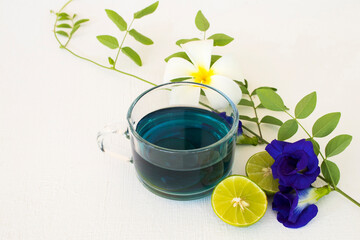 herbal healthy drinks  mix lemon and  flower butterfly pea blue hot beverage local flora of asia...