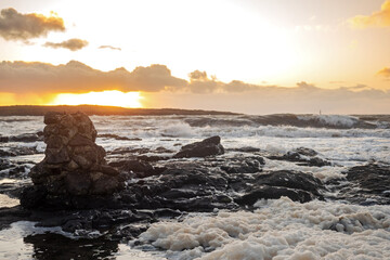 Rough stone coast line Atlantic ocean, calm sunset time, West coast of Ireland, Sligo.