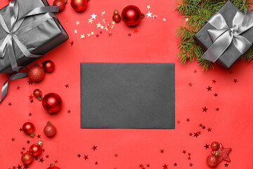 Christmas composition with gifts and empty paper sheet on color background