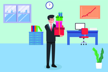 Success vector concept: Success businessman carrying a stack of gift boxes in the office room