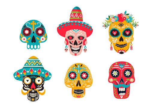Set of various mexican skulls with ornaments. Dia de Los Muertos or Day of the Dead composition. Traditional Mexican Halloween decoration. Vector illustration on white background.