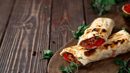 Traditional Turkish shish - adana kebab, shish kebab with tomatoes on pita bread with vegetables and spices on a wooden background. Eastern cuisine, close-up, shallow depth of field, copy space