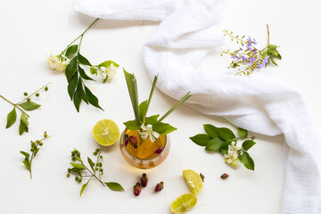 natural herbal healthy drink for cough sore mix rose tea ,lemon arrangement flat lay style with...