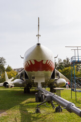 Old Soviet jet bomber illuminated by the midday sun.  Shark's mouth