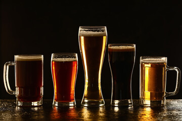 Glassware of fresh beer on table