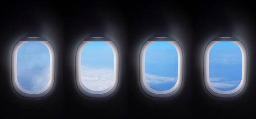 four airplane windows open white window shutter wide with blue sky view. plane portholes usable for...