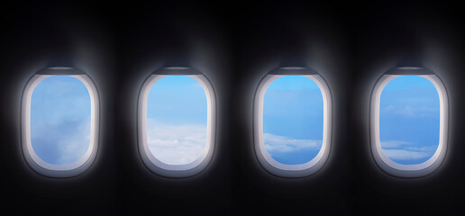 four airplane windows open white window shutter wide with blue sky view. plane portholes usable for banners, brochures in tourism theme. traveling by air concept © asiandelight