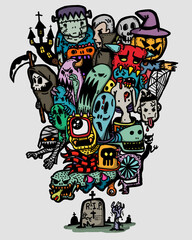 illustration doodle for spooky Halloween theme, numerous spirits of ghosts float above the gravestone at the cemetery.