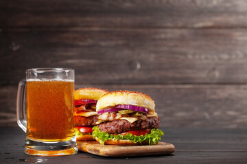 Homemade tasty beef burgers and beer