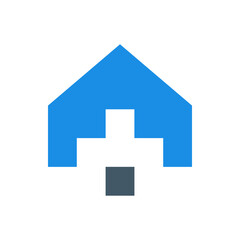 Home or hospital building. The negative space of the plus or positive symbol. Looks modern and simple logo design.