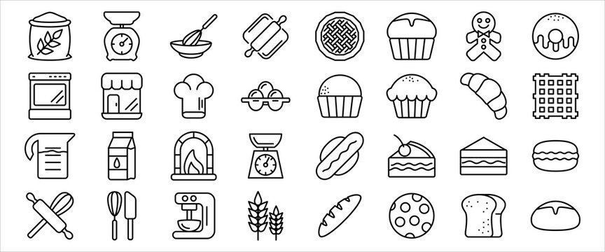 Simple Set of bakery kitchen cooking Related Vector icon graphic design template. Contains such Icons as baking, bread, pudding, kitchen weight scale, and pizza