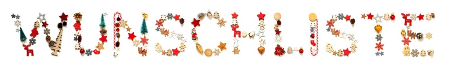 Colorful Christmas Decoration Letter Building German Word Wunschliste Means Wish List. Festive Ornament Like Christmas Tree, Star And Ball. White Isolated Background