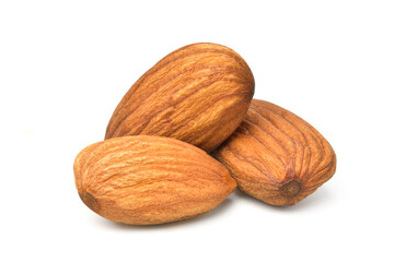  Close-up of Three Almond seeds isolated on white background. Clipping path.