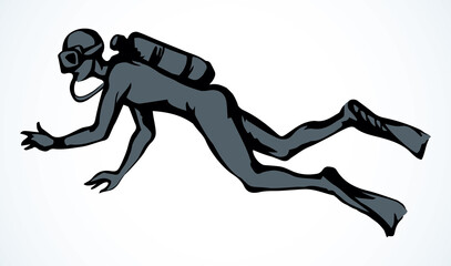 Scuba diver underwater. Vector drawing