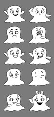 Set of cute ghosts. Happy Halloween. White ghosts with faces and different emotions - anger and joy, surprise and sadness, doubt, sleep and happiness. Vector illustration