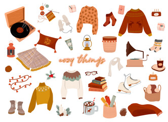 Merry Christmas or Happy New Year cute elements. Winter holidays element in Scandinavian style. Cozy hygge home decor elements. Editable vector illustration.