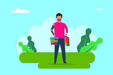 Disability vector concept: Disabled man with artificial hand wearing a face mask and holding shopping bags