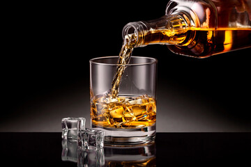 Pouring whiskey from bottle into the glass with ice cubes on black background.