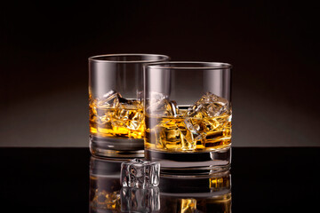 Two glasses of whiskey with ice cubes on black background.