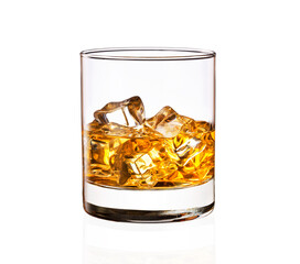 Glass of whiskey with ice cubes isolated on white.