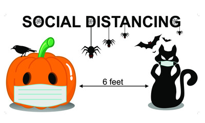 Social distancing (COVID-19) with cute scary ghost in hat party and spooky pumpkin. Holidays cartoon character. Corona virus protection-Vector.