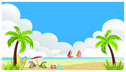 Fototapeta na wymiar Beach sea vector illustration and has a sailboat with an umbrella and a beach hammock bright sky