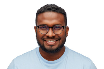 Obraz premium people, grooming and beauty concept - portrait of happy smiling young african american man in glasses over white background