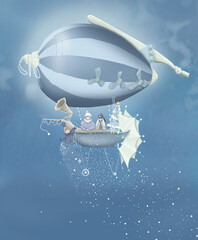 New year illustration. Airplane in the sky and happy family. 