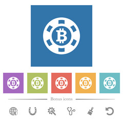 Bitcoin casino chip flat white icons in square backgrounds