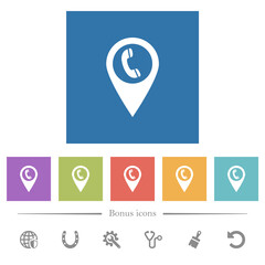 Call box GPS map location flat white icons in square backgrounds
