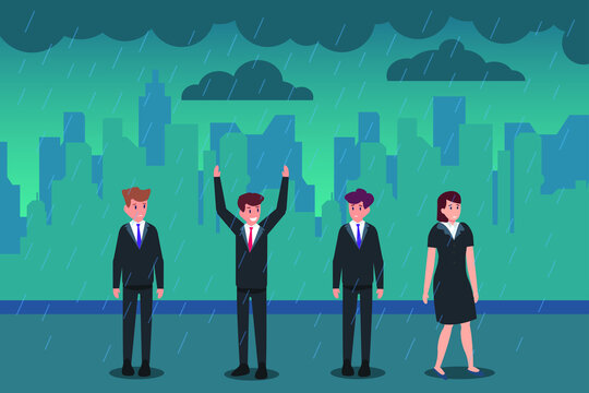 Think Different vector concept: Happy businessman like rain and think different from other worker