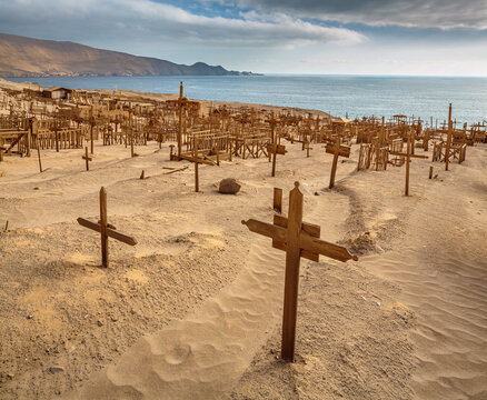 Historic cemetery of Pisagua from the nitrate era in the north of Chile